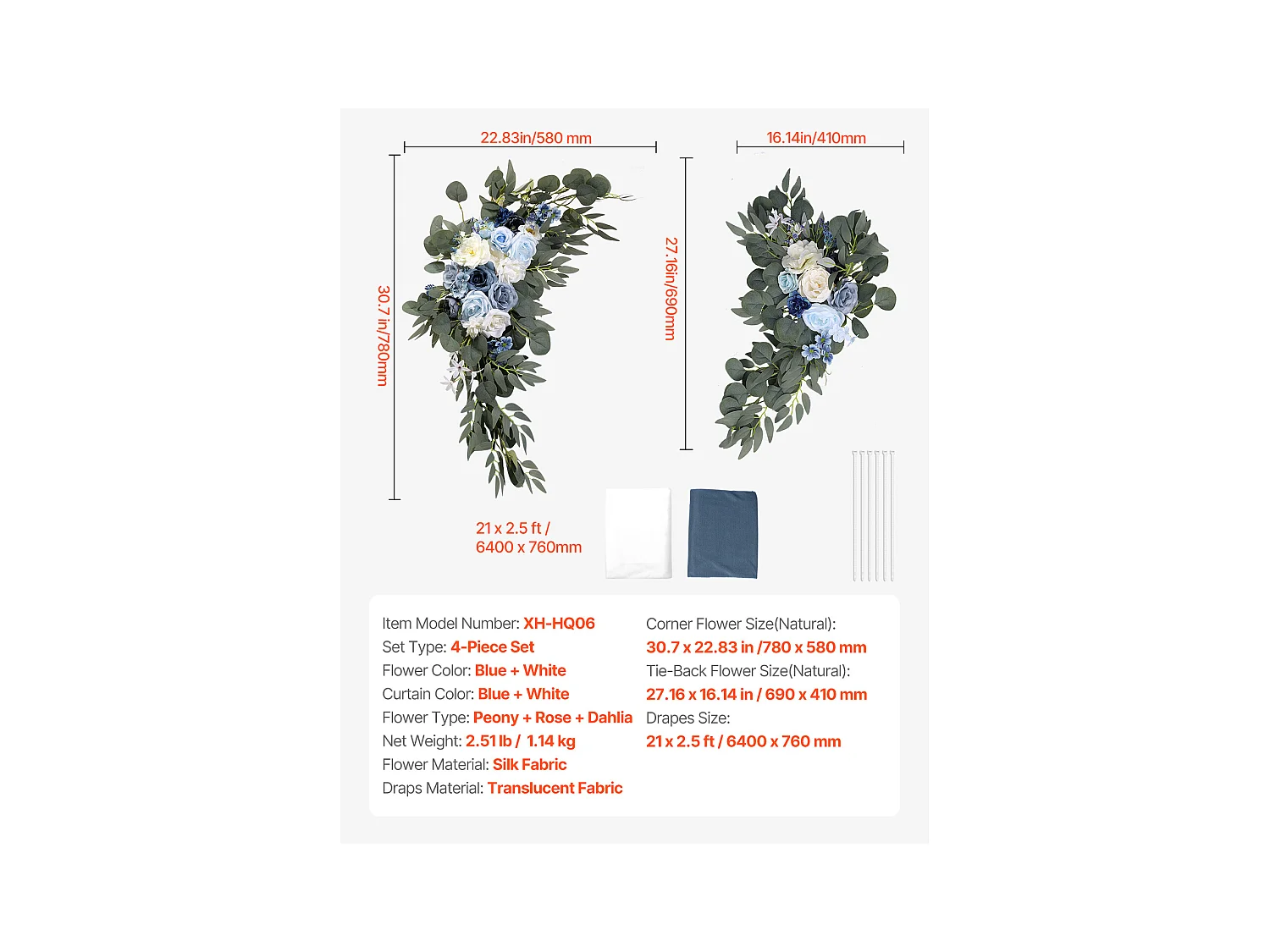 Arche de Mariage SucceBuy Kit de Fleurs Artificielles pour Arche de Mariage - Bleu, 2 Fleurs et 2 Rideaux