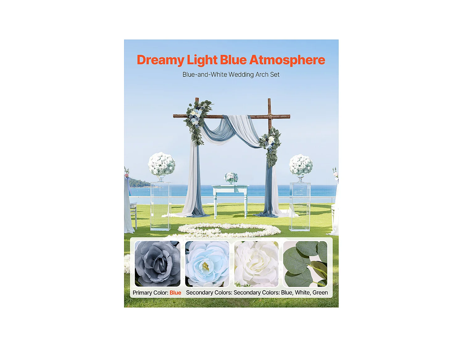 Arche de Mariage SucceBuy Kit de Fleurs Artificielles pour Arche de Mariage - Bleu, 2 Fleurs et 2 Rideaux