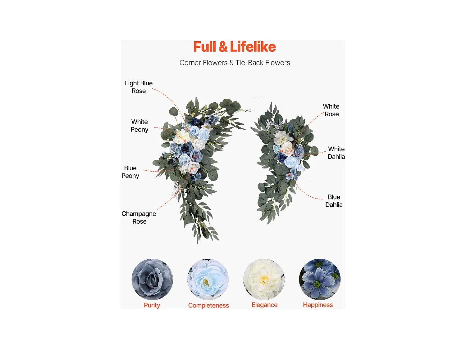 Arche de Mariage SucceBuy Kit de Fleurs Artificielles pour Arche de Mariage - Bleu, 2 Fleurs et 2 Rideaux