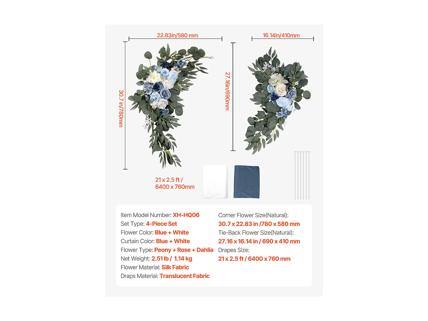 Arche de Mariage SucceBuy Kit de Fleurs Artificielles pour Arche de Mariage - Bleu, 2 Fleurs et 2 Rideaux