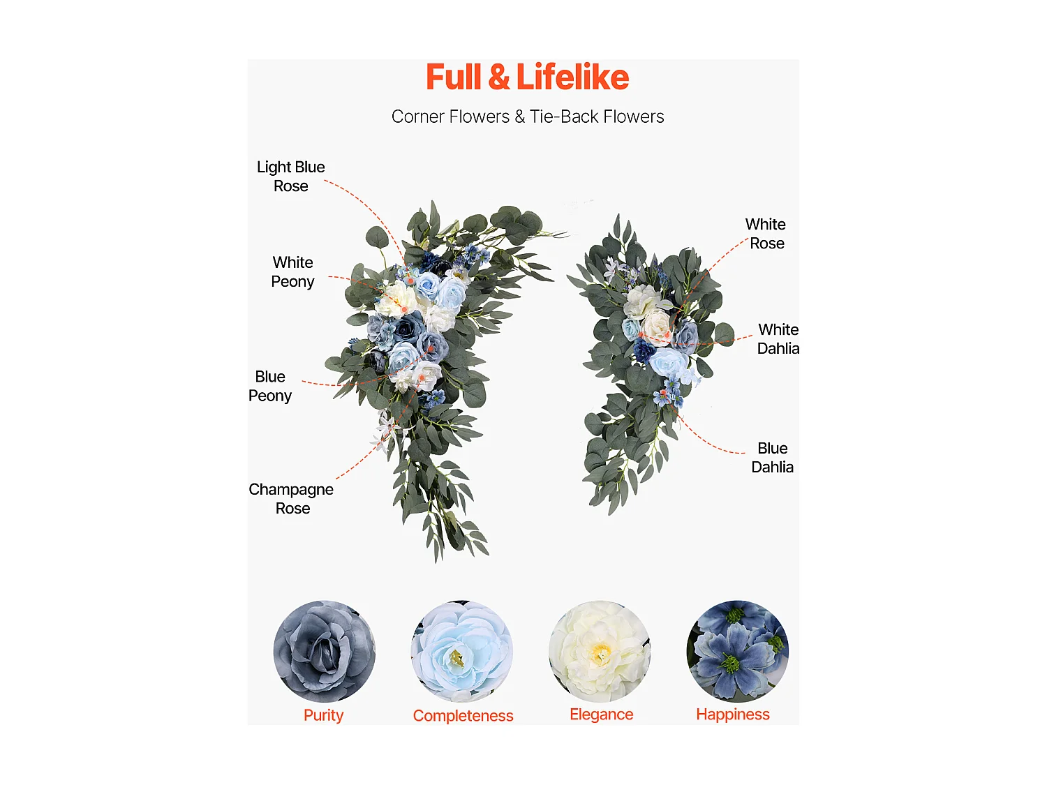 Arche de Mariage SucceBuy Kit de Fleurs Artificielles pour Arche de Mariage - Bleu, 2 Fleurs et 2 Rideaux