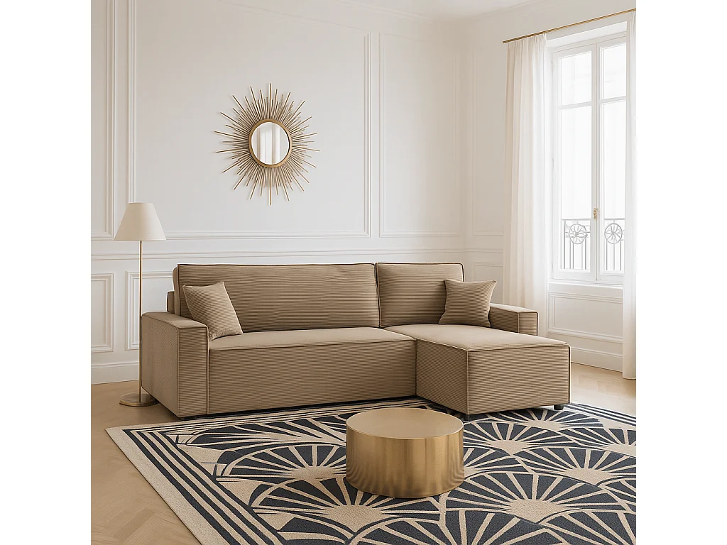 Canapé d’angle convertible réversible velours côtelé 4 places grège IOLITE