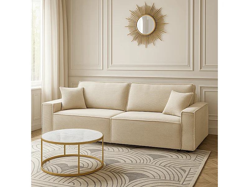 Canapé droit convertible velours côtelé 3 places beige IOLITE