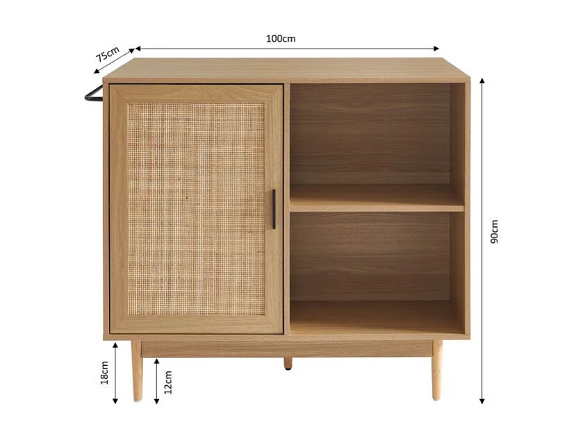 Ilot central effet chêne et cannage rotin 100 cm ZIRCON