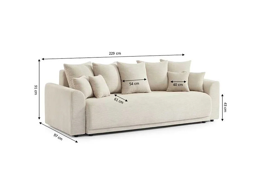 Canapé droit convertible velours côtelé 3 places beige CALCITE