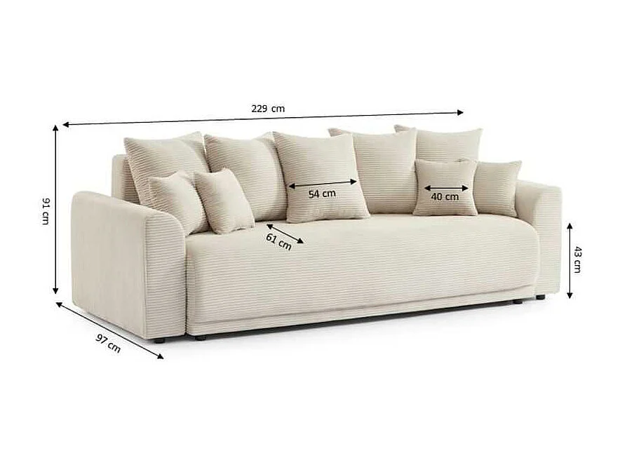 Canapé droit convertible velours côtelé 3 places beige CALCITE