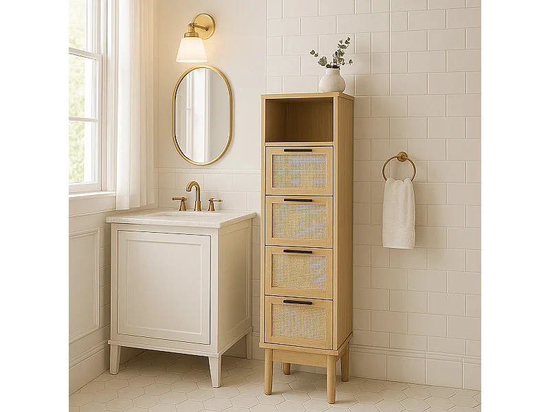 Demie colonne effet chêne et cannage rotin 30cm ZIRCON