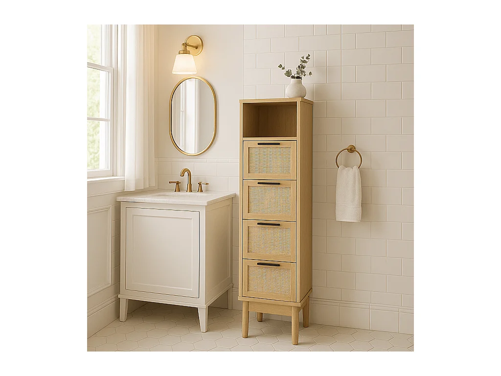 Demie colonne effet chêne et cannage rotin 30cm ZIRCON