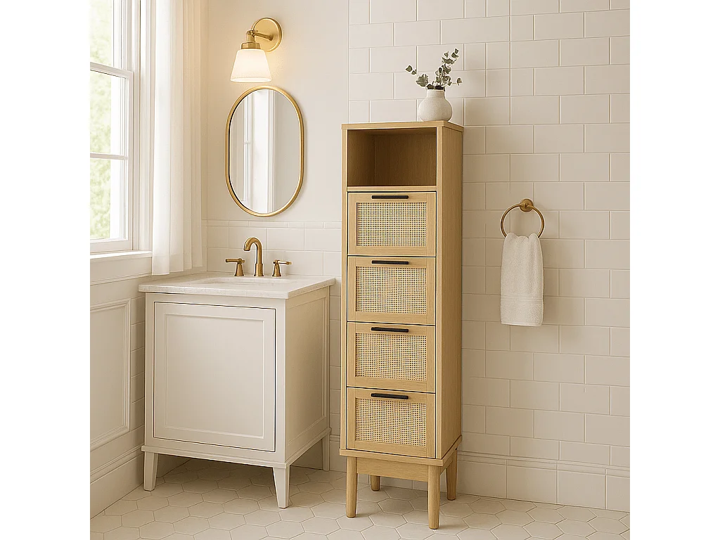 Demie colonne effet chêne et cannage rotin 30cm ZIRCON