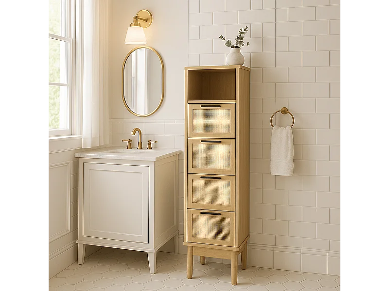 Demie colonne effet chêne et cannage rotin 30cm ZIRCON