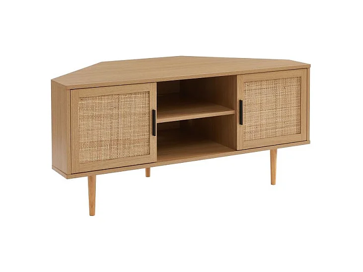 Meuble tv d'angle effet chêne et cannage rotin 2 portes ZIRCON
