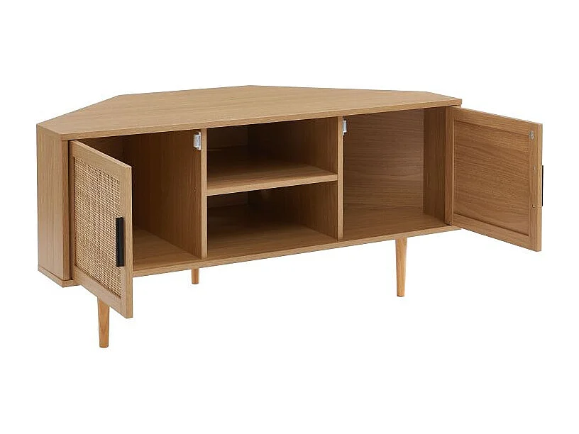Meuble tv d'angle effet chêne et cannage rotin 2 portes ZIRCON