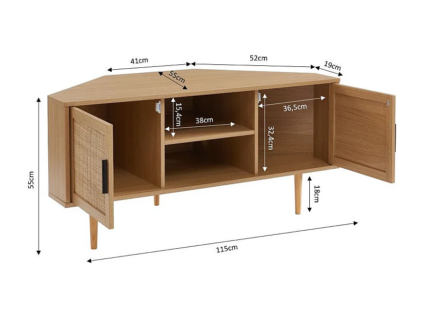 Meuble tv d'angle effet chêne et cannage rotin 2 portes ZIRCON