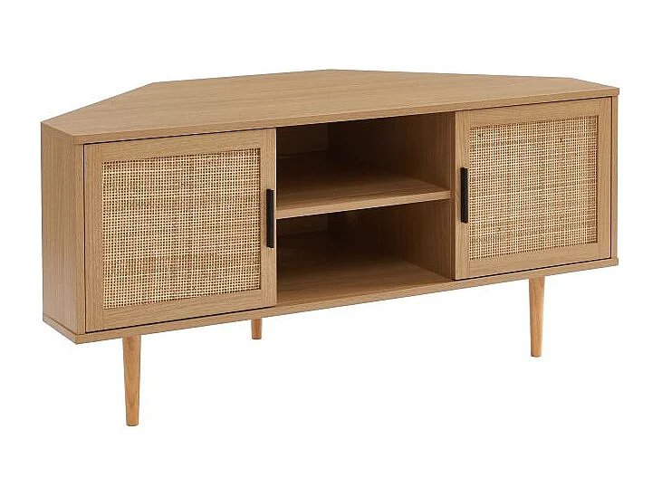 Meuble tv d'angle effet chêne et cannage rotin 2 portes ZIRCON