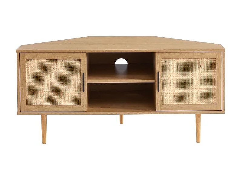 Meuble tv d'angle effet chêne et cannage rotin 2 portes ZIRCON