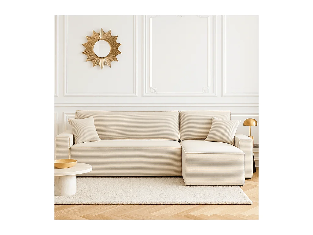Canapé d’angle convertible réversible velours côtelé 4 places beige IOLITE