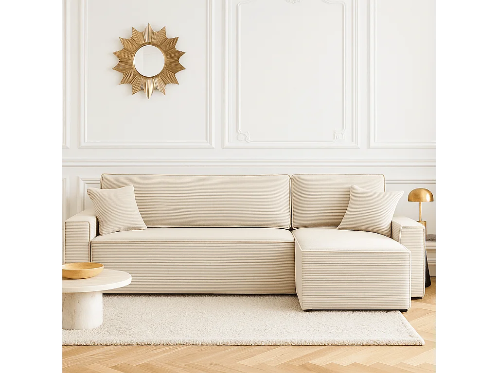 Canapé d’angle convertible réversible velours côtelé 4 places beige IOLITE