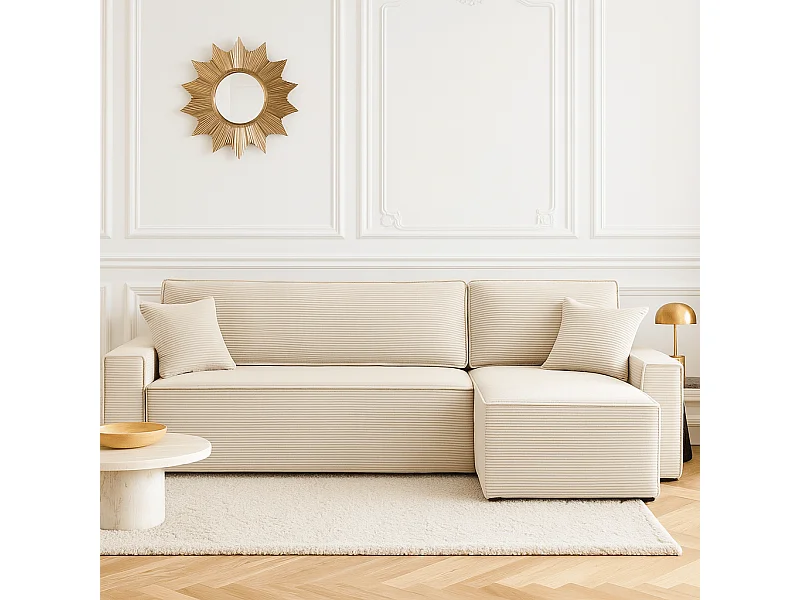 Canapé d’angle convertible réversible velours côtelé 4 places beige IOLITE