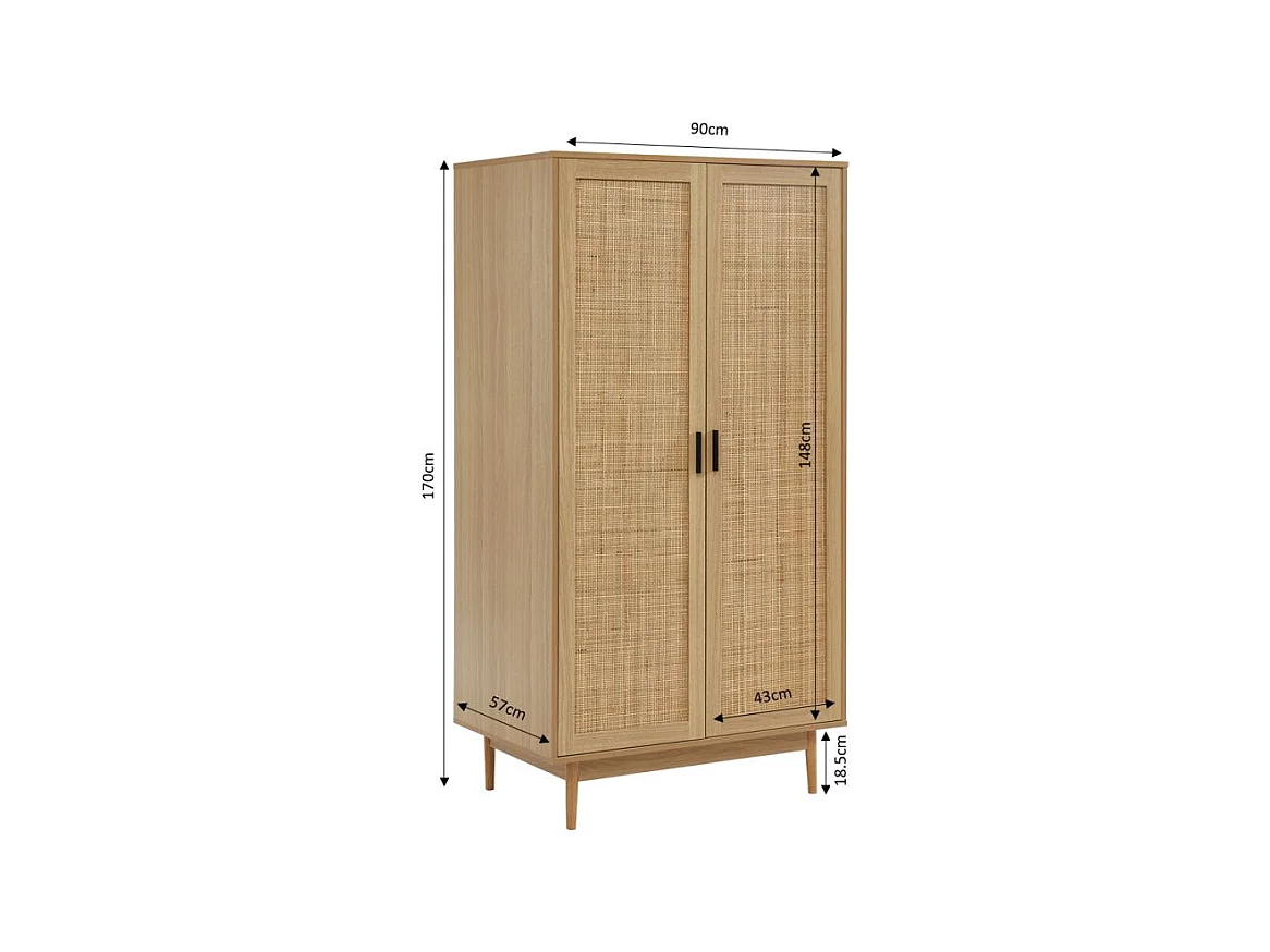 Armoire effet chêne et cannage rotin 2 portes 90 cm ZIRCON