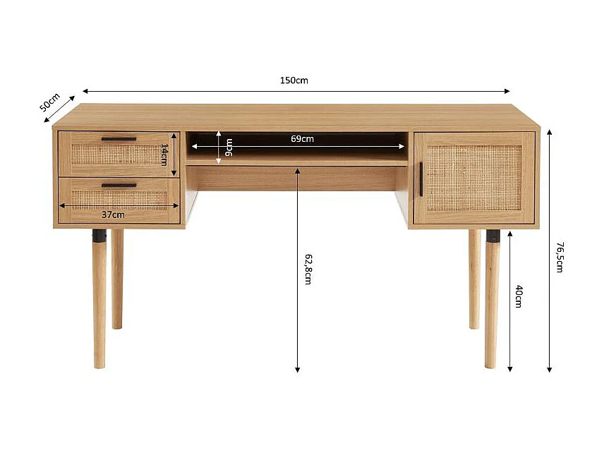 Bureau droit cannage rotin 150cm ZIRCON