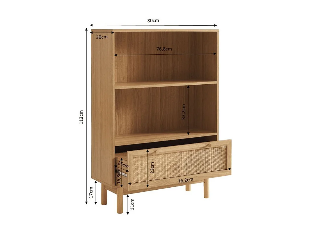 Bibliothèque effet chêne et cannage rotin 80cm ONYX