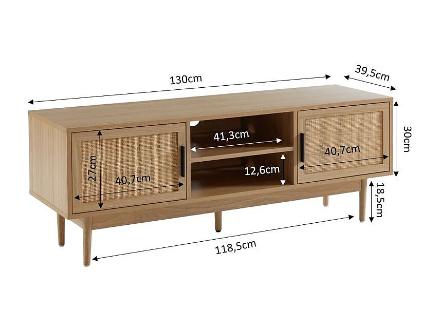 Meuble tv effet chêne et cannage rotin 130cm ZIRCON