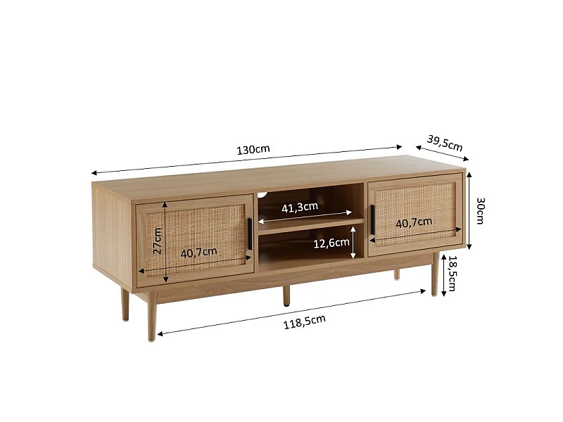 Meuble tv effet chêne et cannage rotin 130cm ZIRCON