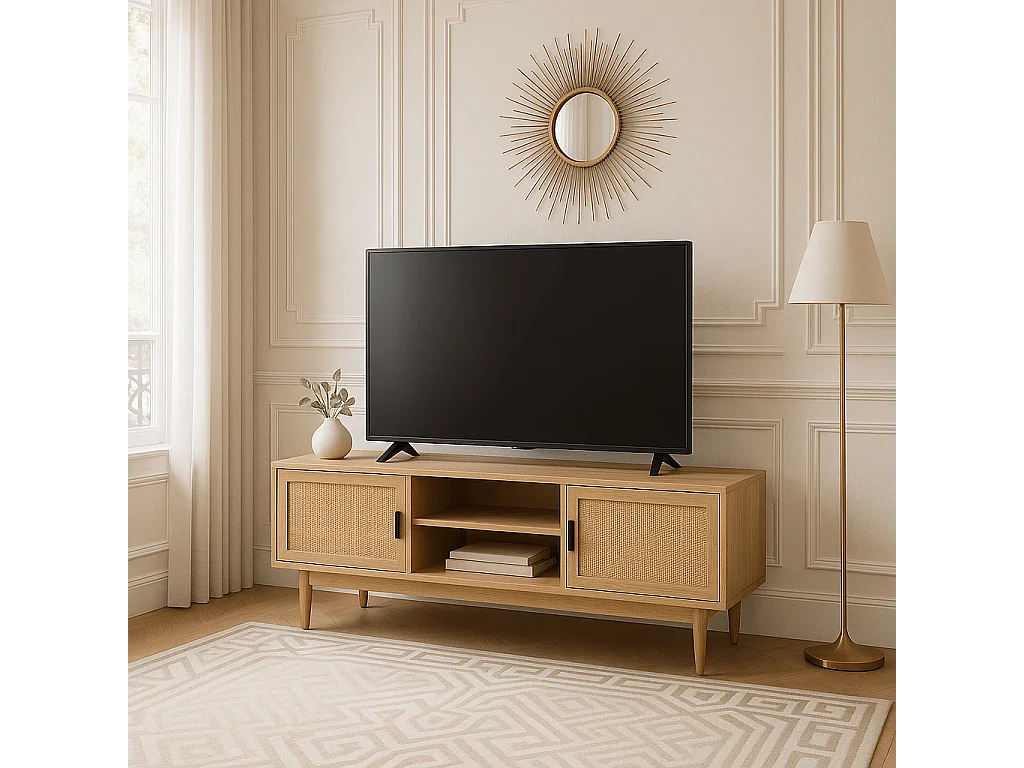 Meuble tv effet chêne et cannage rotin 130cm ZIRCON