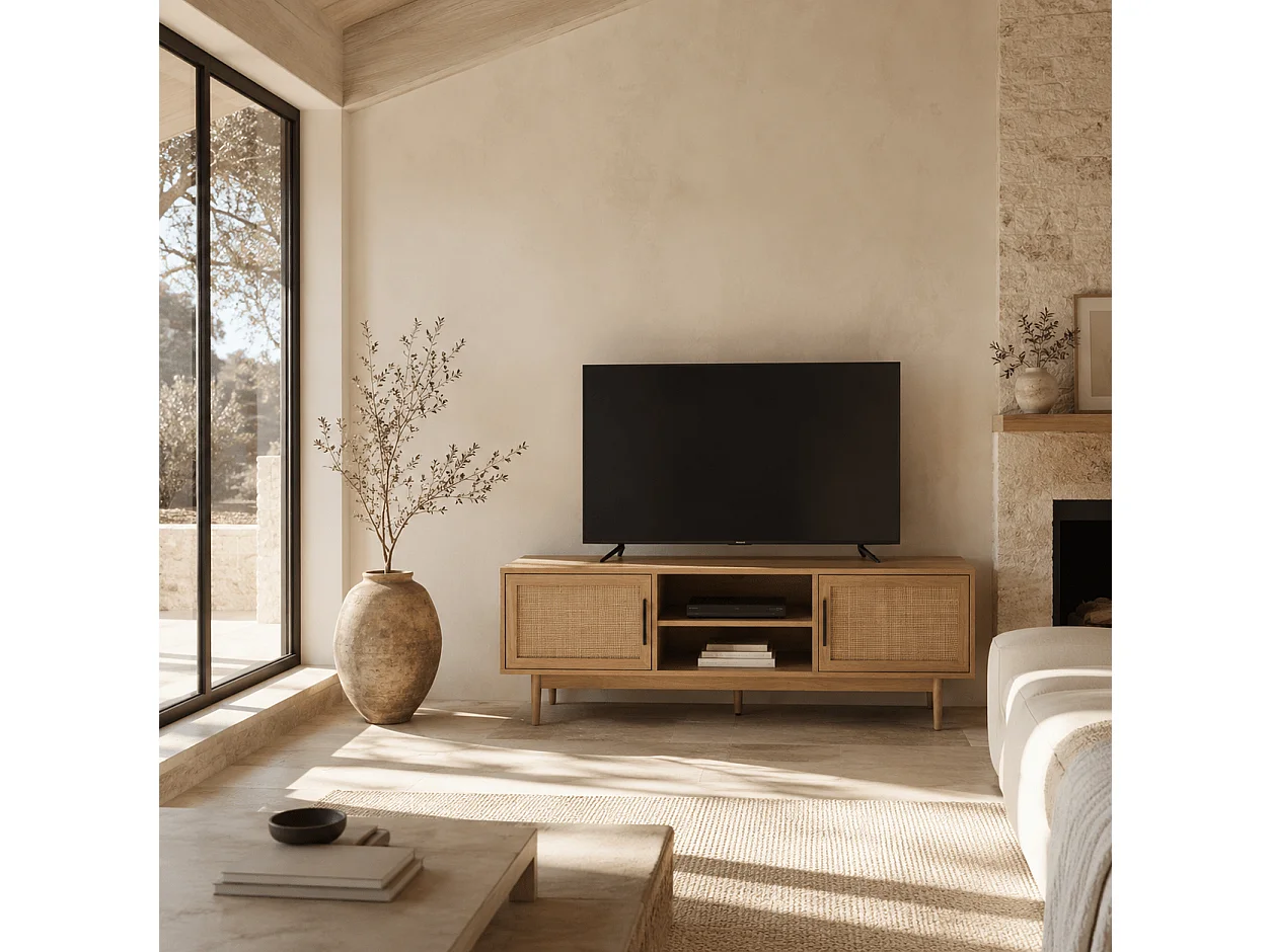 Meuble tv effet chêne et cannage rotin 130cm ZIRCON