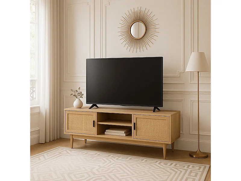 Meuble tv effet chêne et cannage rotin 130cm ZIRCON