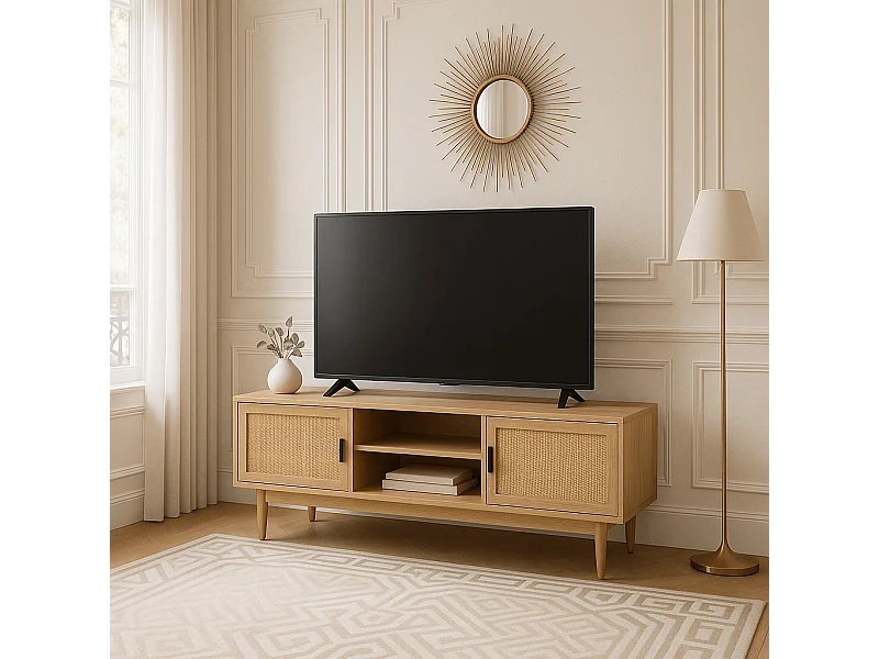 Meuble tv effet chêne et cannage rotin 130cm ZIRCON