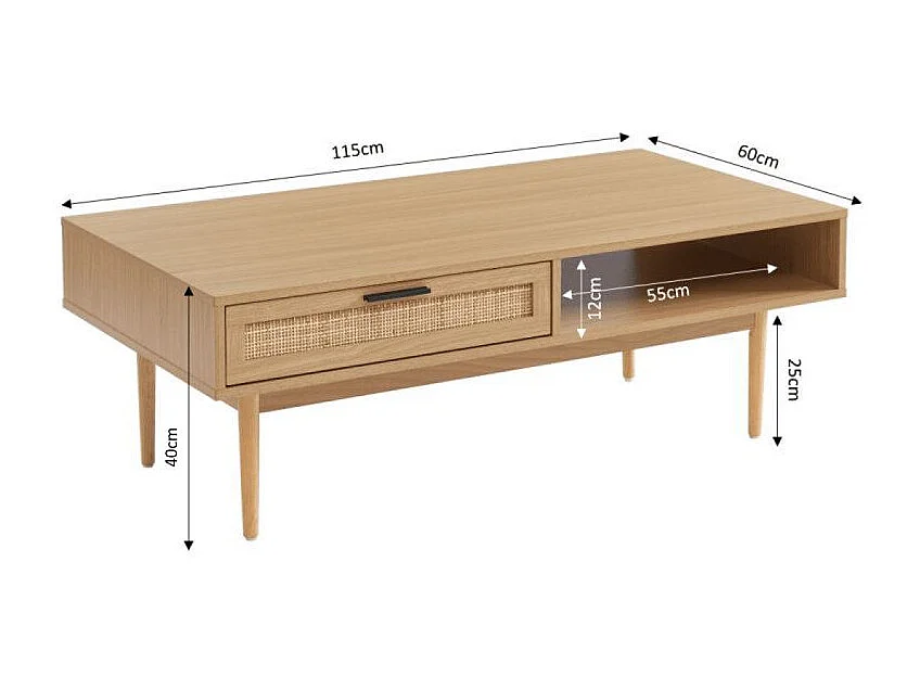 Table basse effet chêne et cannage rotin 115cm ZIRCON