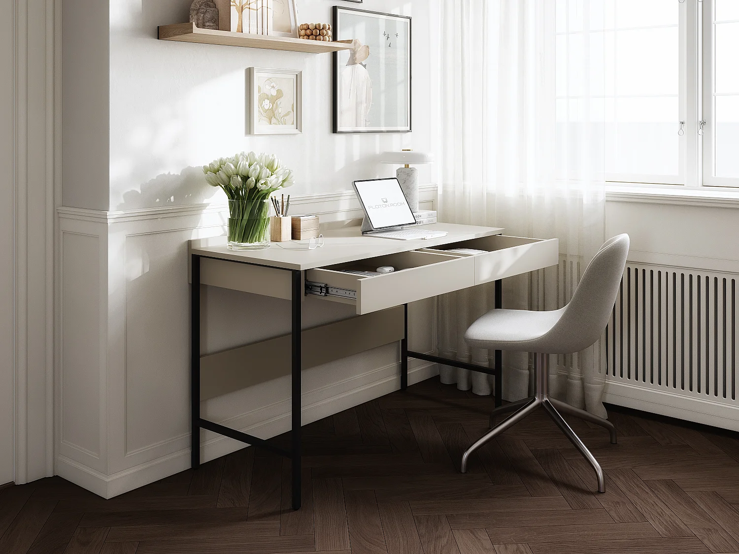 Bureau PORTO 90/120 x 55 – Style loft moderne avec tiroir – Pieds en métal – Chêne Artisan, Cachemire ou Anthracite – Design minimaliste sans poignées