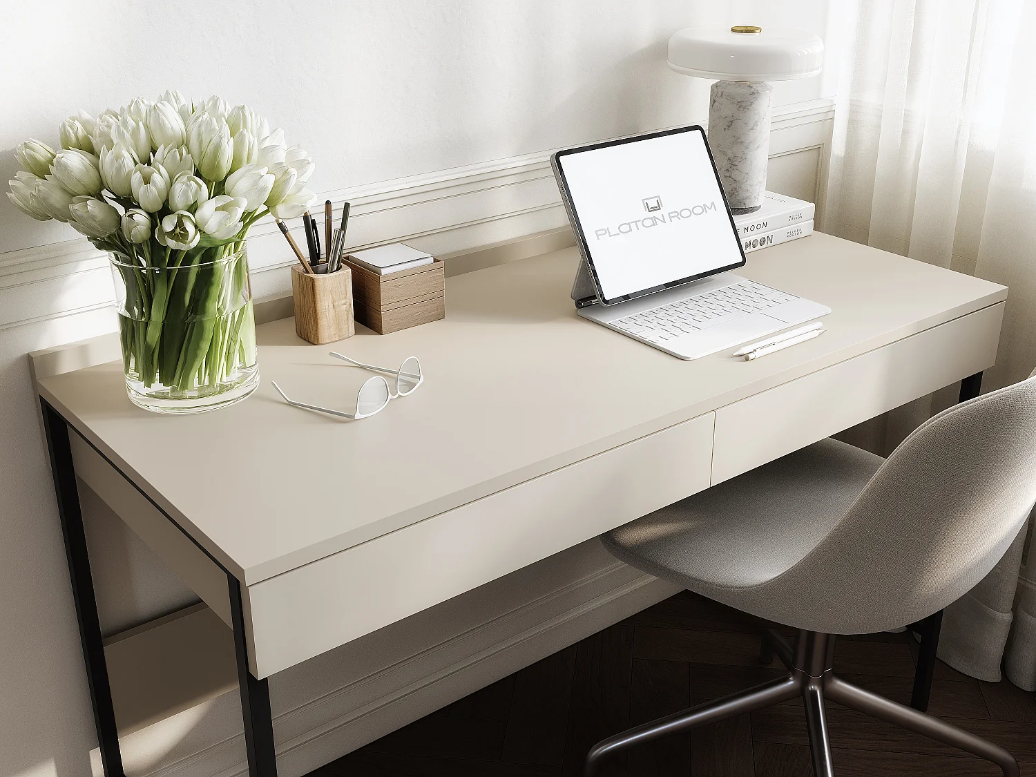 Bureau PORTO 90/120 x 55 – Style loft moderne avec tiroir – Pieds en métal – Chêne Artisan, Cachemire ou Anthracite – Design minimaliste sans poignées