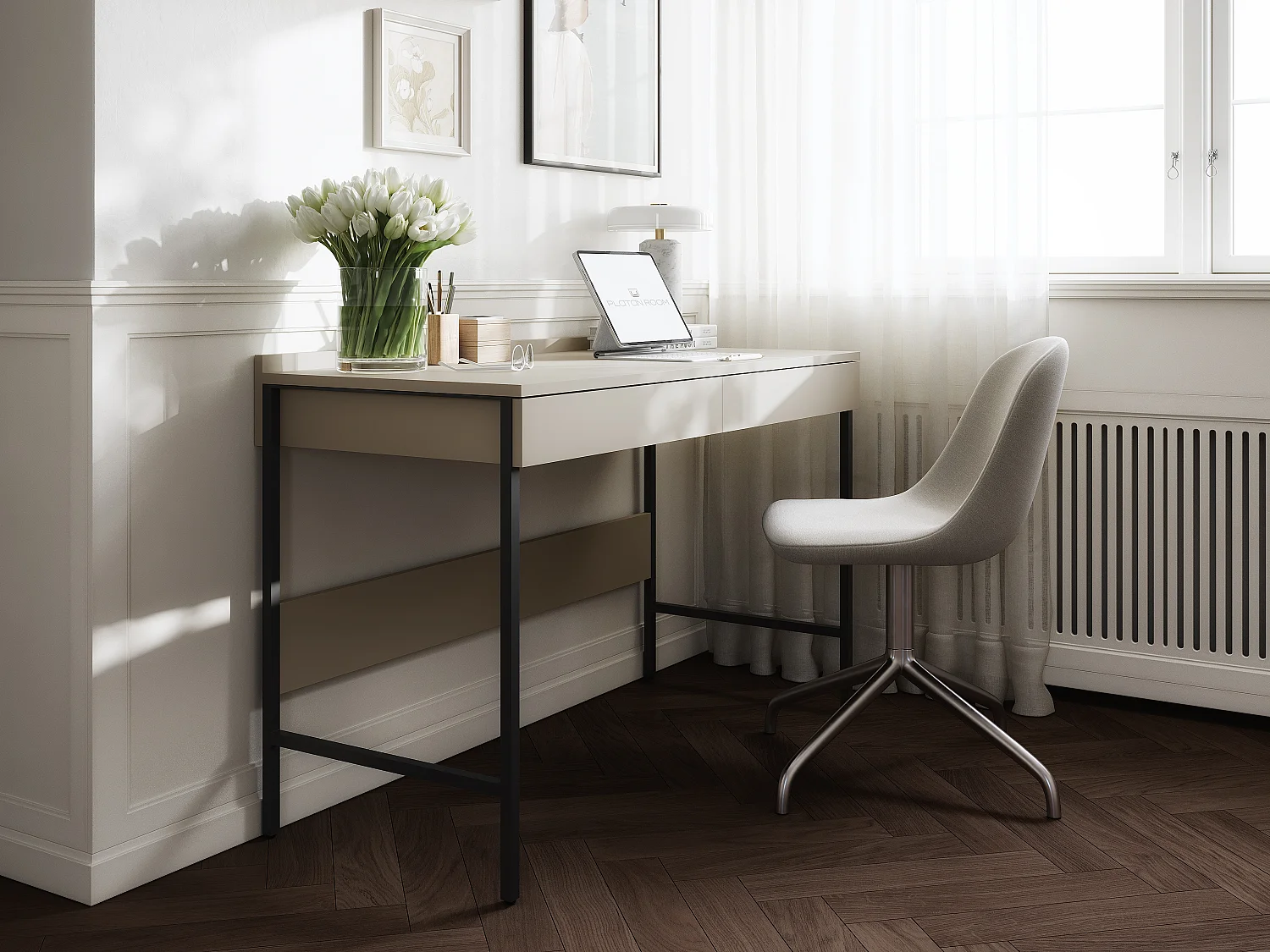 Bureau PORTO 90/120 x 55 – Style loft moderne avec tiroir – Pieds en métal – Chêne Artisan, Cachemire ou Anthracite – Design minimaliste sans poignées