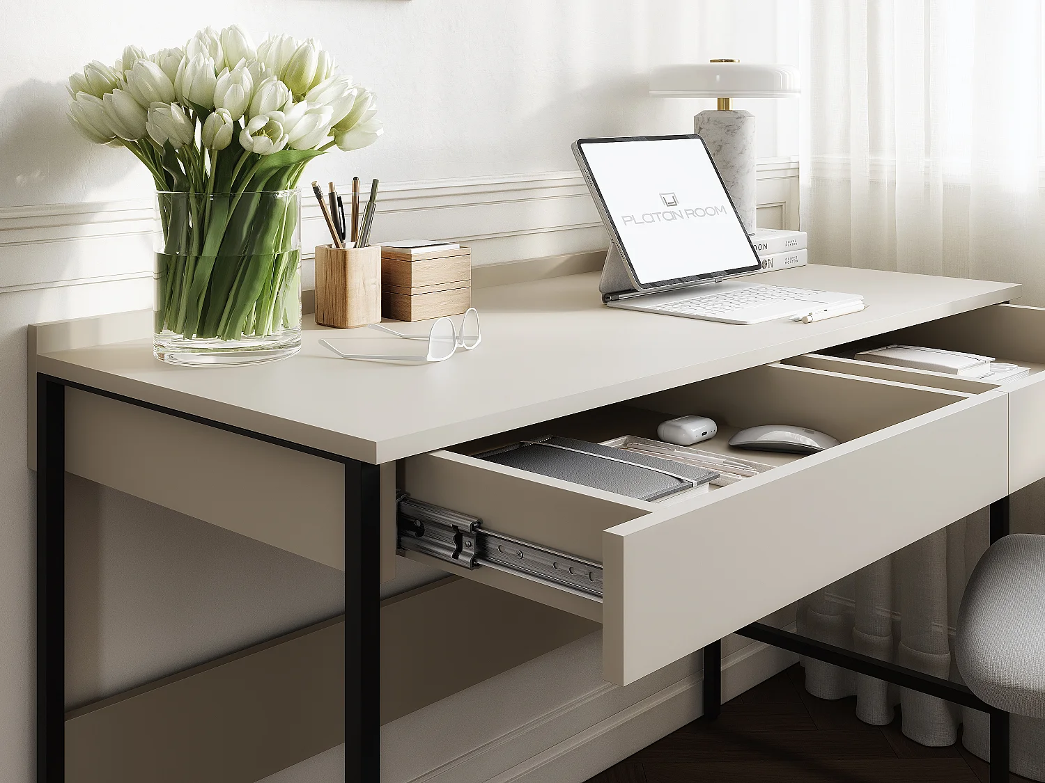 Bureau PORTO 90/120 x 55 – Style loft moderne avec tiroir – Pieds en métal – Chêne Artisan, Cachemire ou Anthracite – Design minimaliste sans poignées