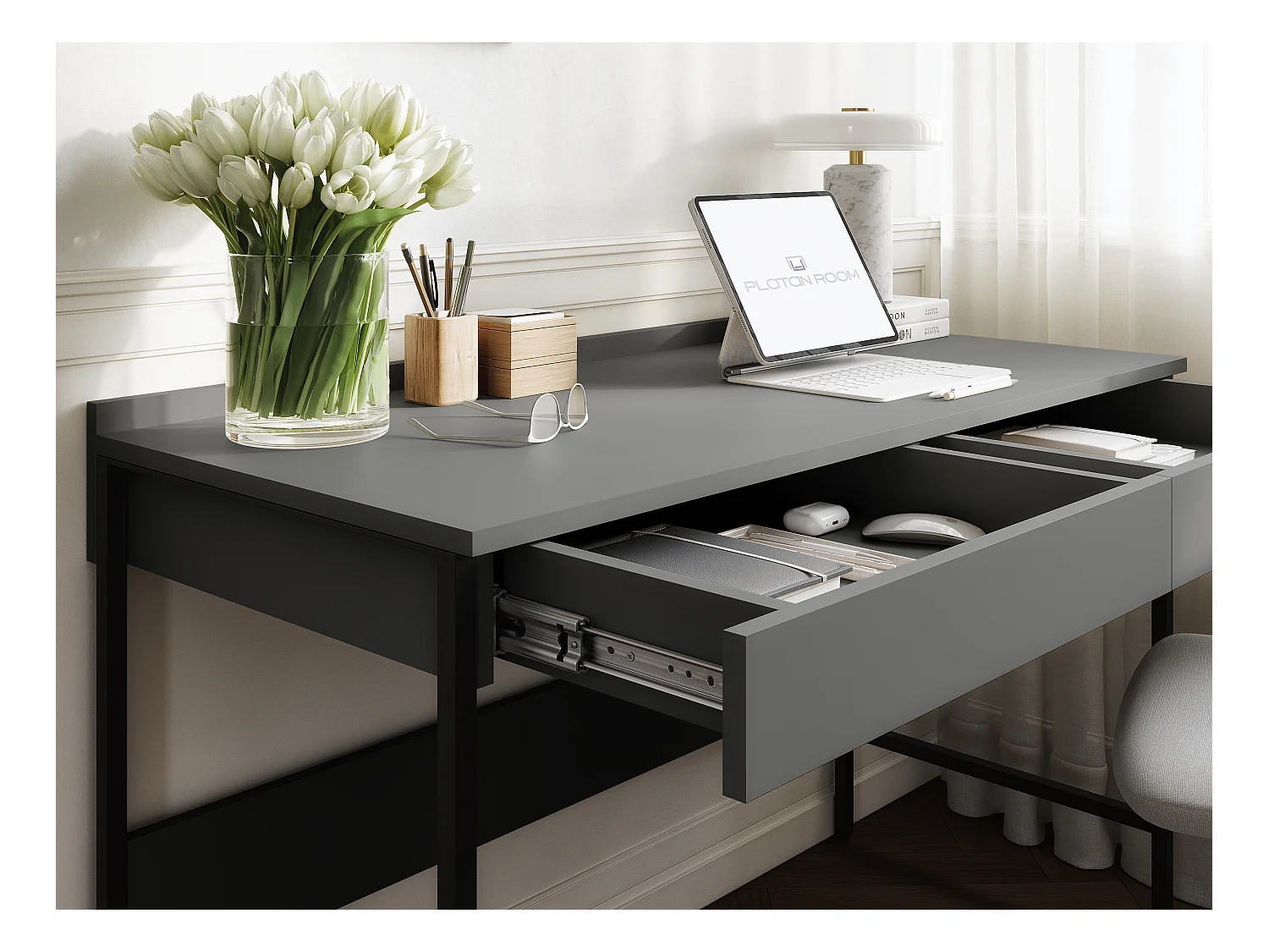 Scrivania PORTO 90/120 x 55 – Stile loft moderno con cassetto – Gambe in metallo – Rovere Artisan, Cashmere o Antracite – Design minimalista senza maniglie