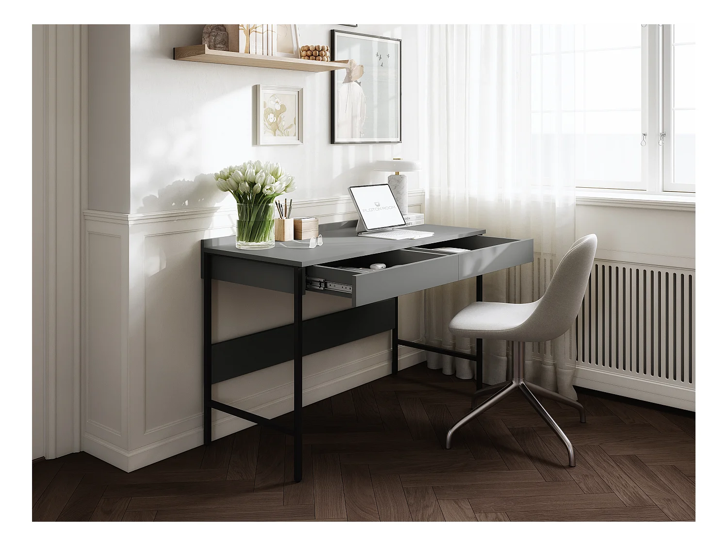 Biurko PORTO 90/120 x 55 – Nowoczesny styl loftowy z szufladą – Metalowe nogi – Dąb artisan, kaszmir lub antracyt – Minimalistyczny design bez uchwytów
