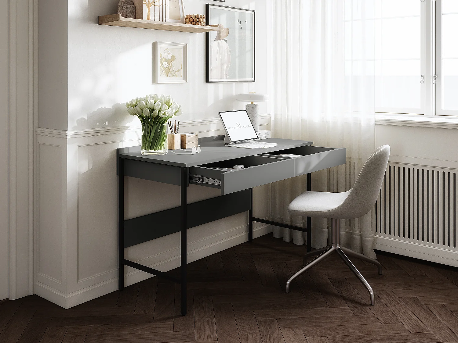 Escritorio PORTO 90/120 x 55 – Estilo loft moderno con cajón – Patas metálicas – Roble Artisan, Cachemira o Antracita – Diseño minimalista sin tiradores