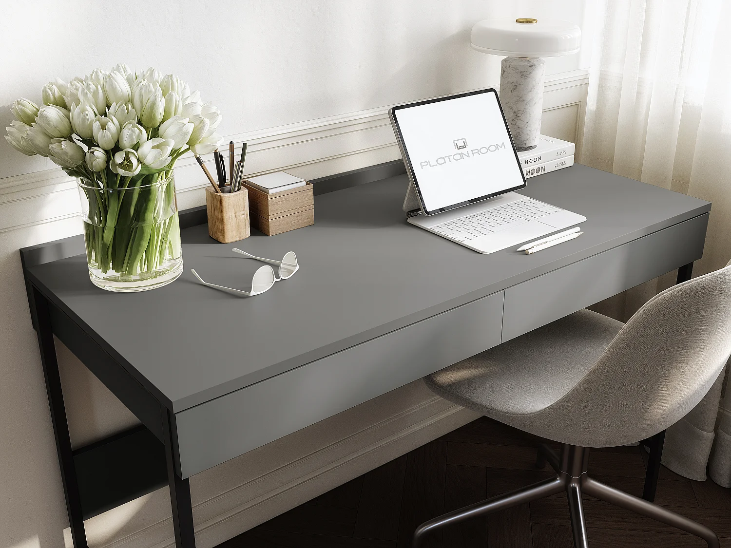 Escritorio PORTO 90/120 x 55 – Estilo loft moderno con cajón – Patas metálicas – Roble Artisan, Cachemira o Antracita – Diseño minimalista sin tiradores