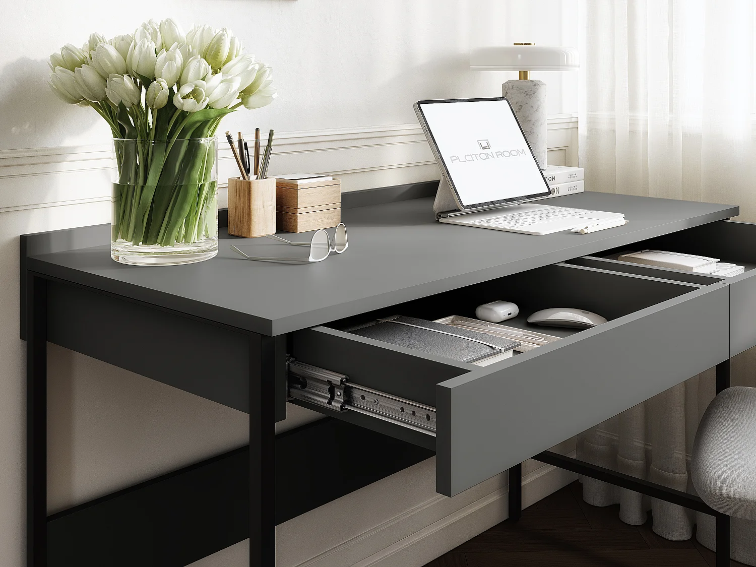 Escritorio PORTO 90/120 x 55 – Estilo loft moderno con cajón – Patas metálicas – Roble Artisan, Cachemira o Antracita – Diseño minimalista sin tiradores