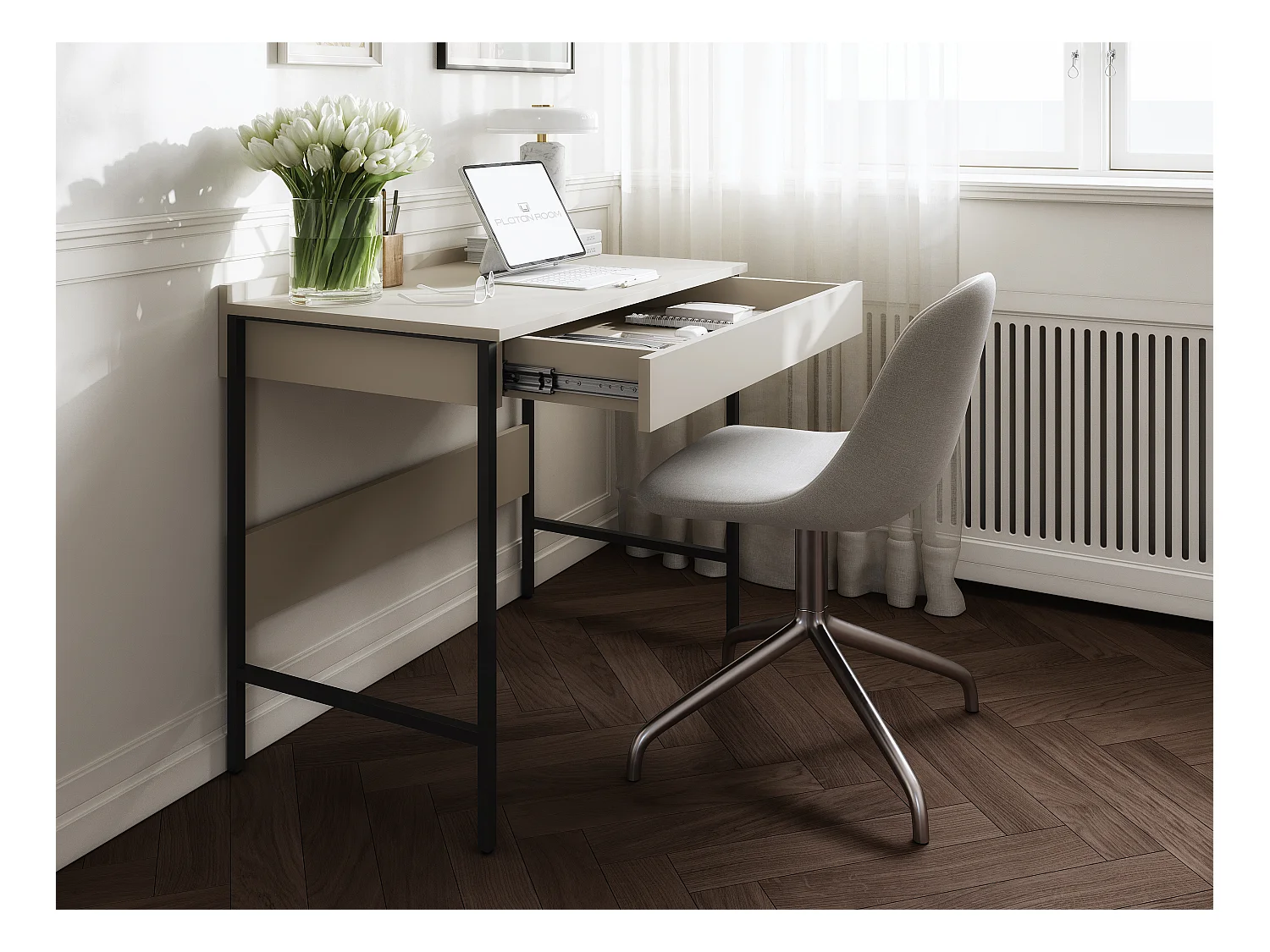 Secretária PORTO 90/120 x 55 – Estilo loft moderno com gaveta – Pernas metálicas – Carvalho Artisan, Cashmere ou Antracite – Design minimalista sem puxadores