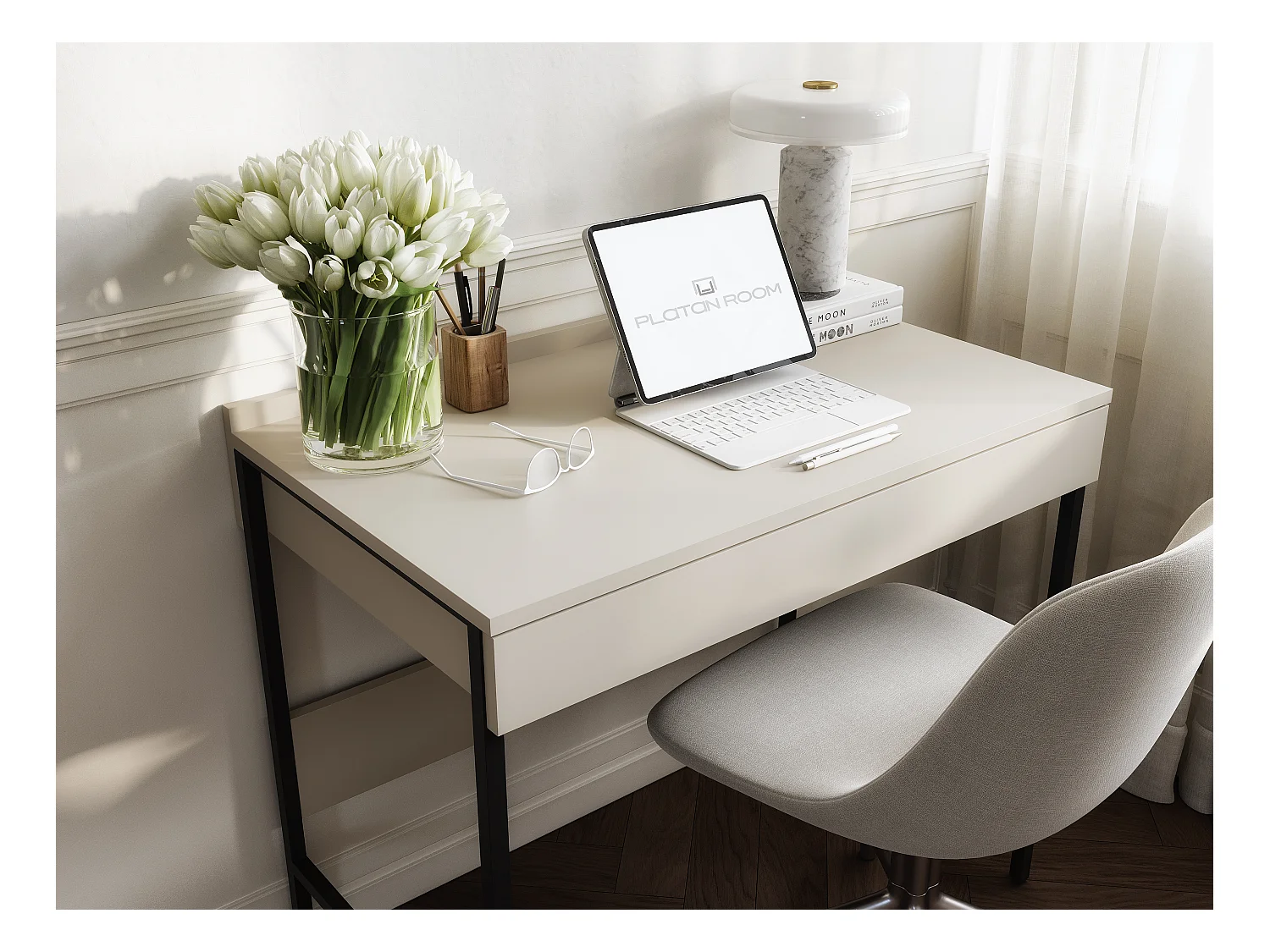 Secretária PORTO 90/120 x 55 – Estilo loft moderno com gaveta – Pernas metálicas – Carvalho Artisan, Cashmere ou Antracite – Design minimalista sem puxadores