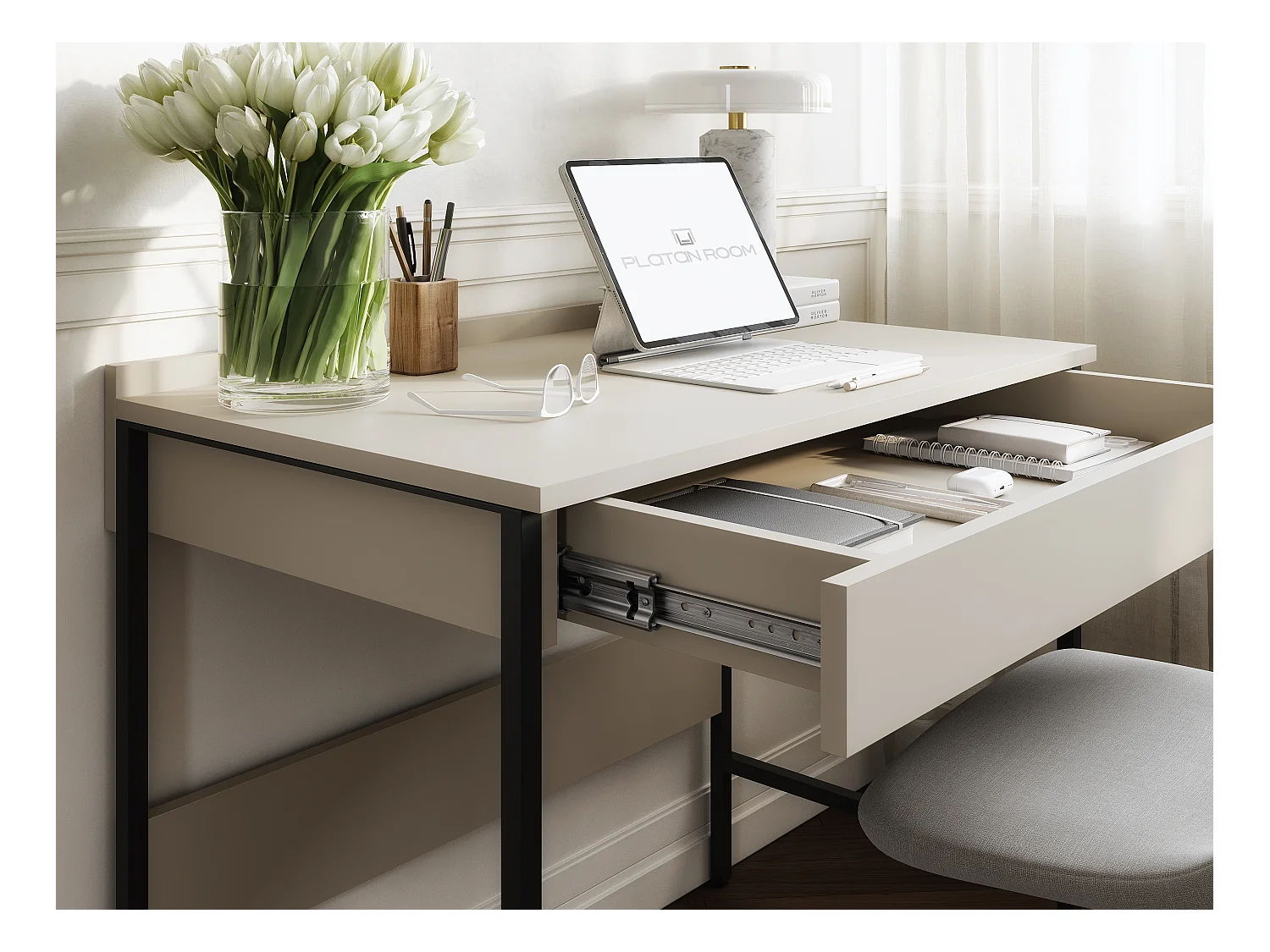 Secretária PORTO 90/120 x 55 – Estilo loft moderno com gaveta – Pernas metálicas – Carvalho Artisan, Cashmere ou Antracite – Design minimalista sem puxadores