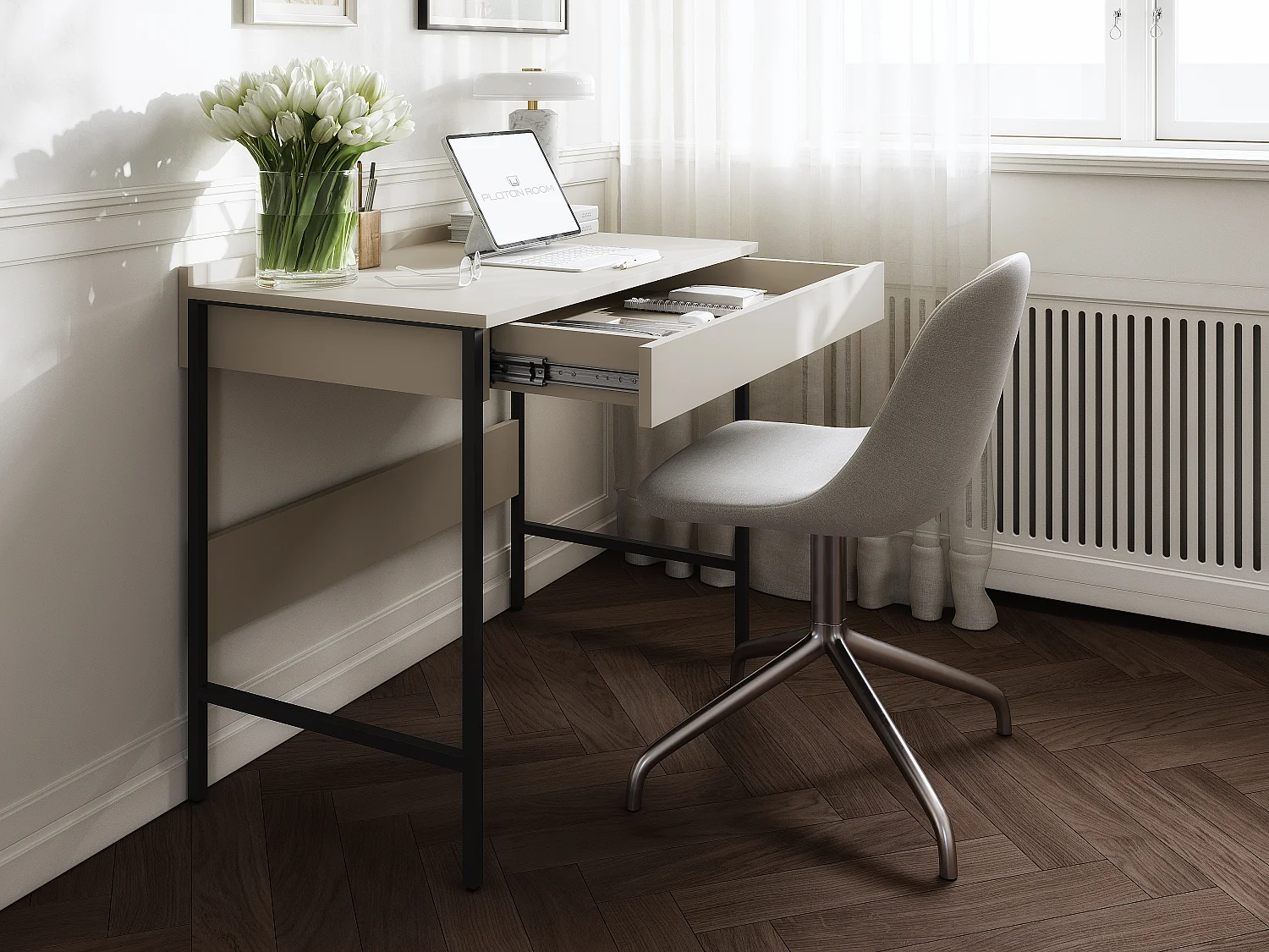 Escritorio PORTO 90/120 x 55 – Estilo loft moderno con cajón – Patas metálicas – Roble Artisan, Cachemira o Antracita – Diseño minimalista sin tiradores