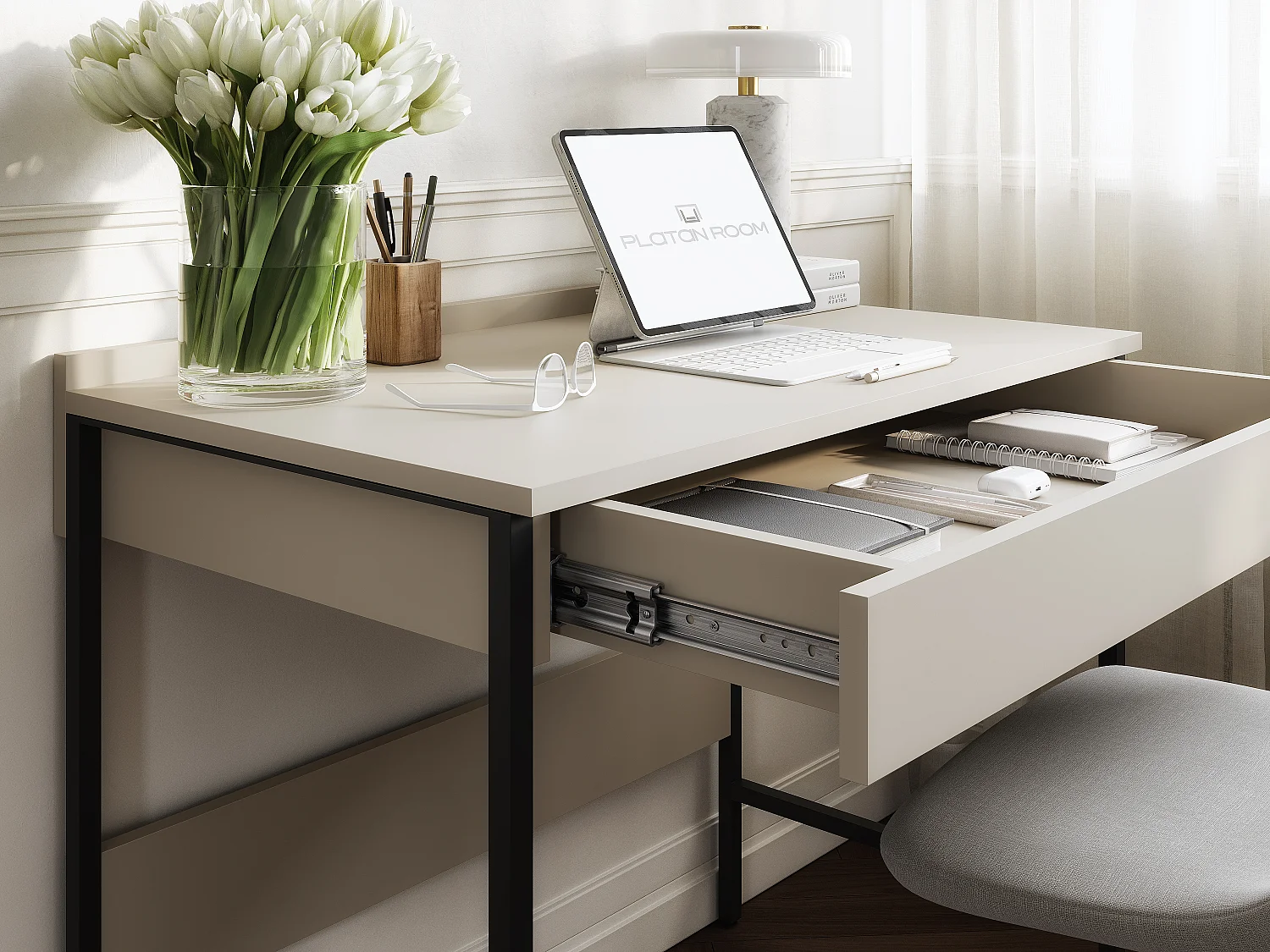 Escritorio PORTO 90/120 x 55 – Estilo loft moderno con cajón – Patas metálicas – Roble Artisan, Cachemira o Antracita – Diseño minimalista sin tiradores