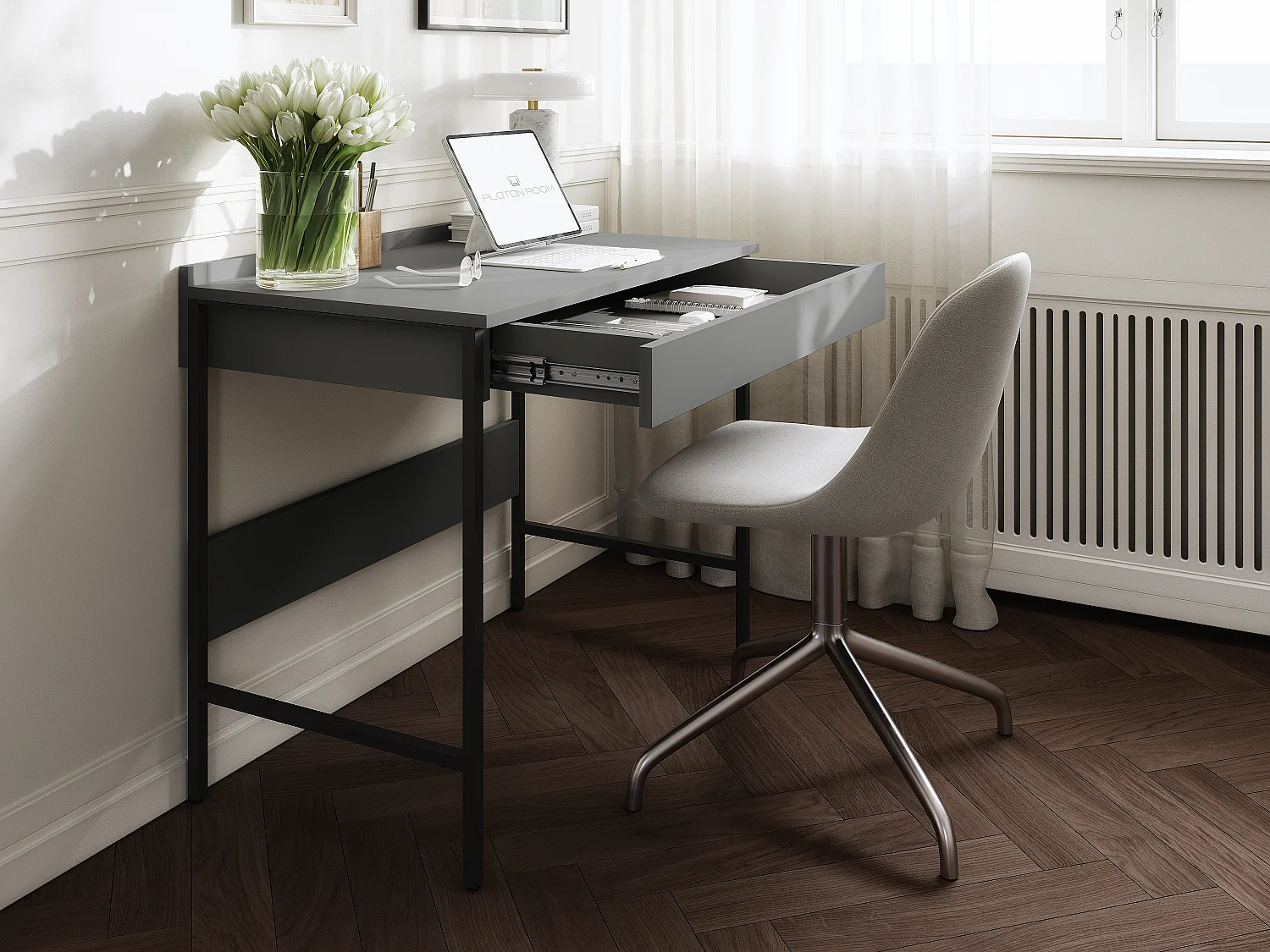 Secretária PORTO 90/120 x 55 – Estilo loft moderno com gaveta – Pernas metálicas – Carvalho Artisan, Cashmere ou Antracite – Design minimalista sem puxadores