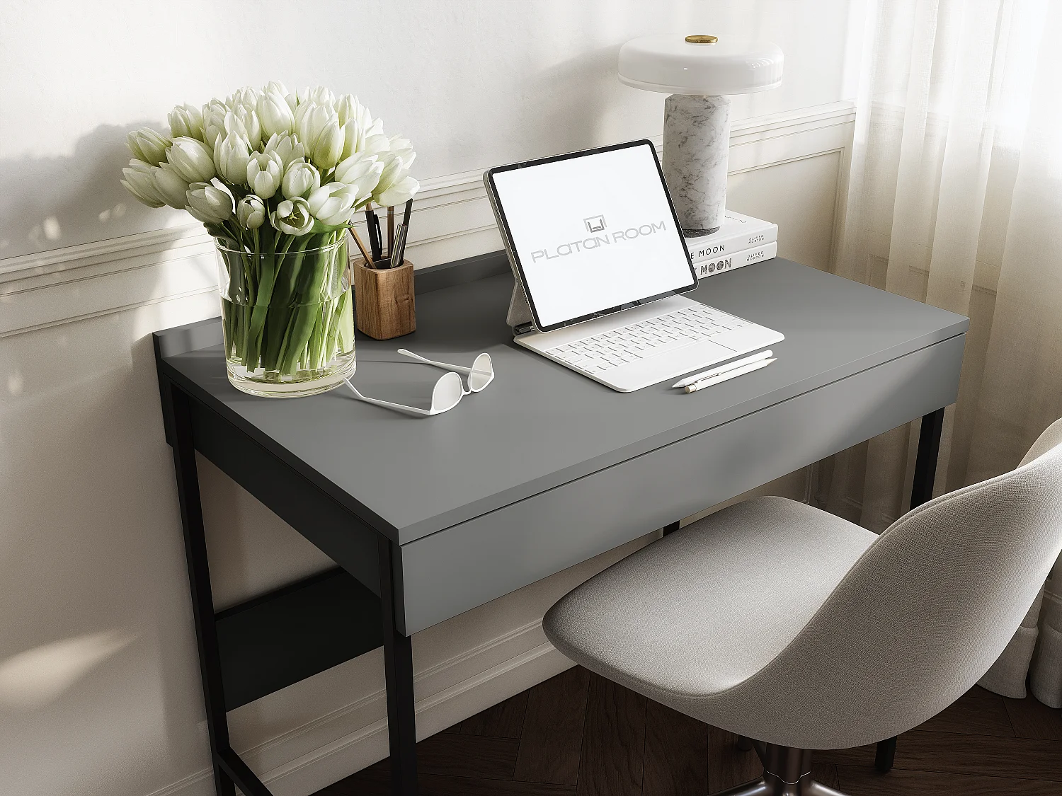 Secretária PORTO 90/120 x 55 – Estilo loft moderno com gaveta – Pernas metálicas – Carvalho Artisan, Cashmere ou Antracite – Design minimalista sem puxadores