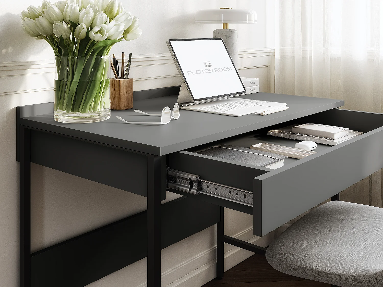 Secretária PORTO 90/120 x 55 – Estilo loft moderno com gaveta – Pernas metálicas – Carvalho Artisan, Cashmere ou Antracite – Design minimalista sem puxadores