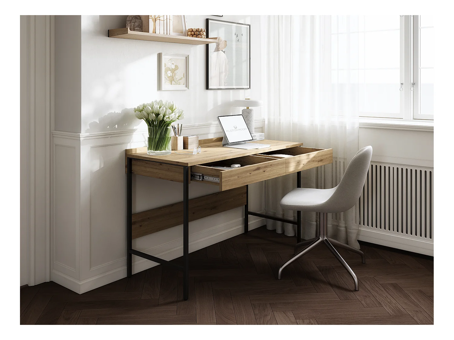 Biurko PORTO 90/120 x 55 – Nowoczesny styl loftowy z szufladą – Metalowe nogi – Dąb artisan, kaszmir lub antracyt – Minimalistyczny design bez uchwytów